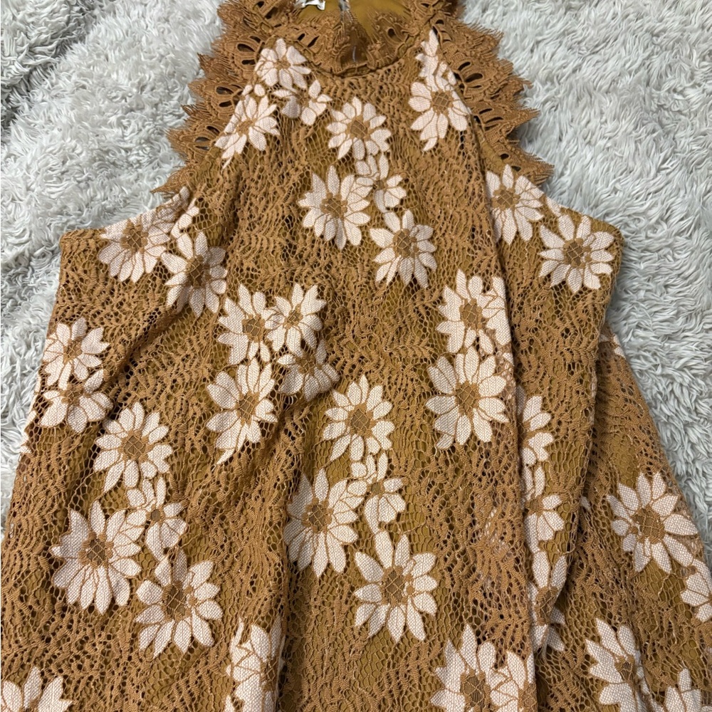 Maurices Mustard Brown Crochet Floral Halter Tank Top